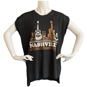 Bohemian Cowgirl Women's Large Black Hi-Lo Nashville Guitar Shirt